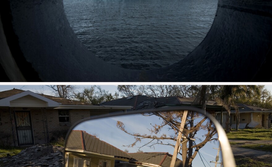 (Top image) An iceberg floats in Wilhelmina Bay on the west side of the Antarctic Peninsula in November 2017. (Bottom image) Flood-damaged homes in the Lakeview area of New Orleans in March 2006. More than 80% of the city was flooded by the Hurricane Katrina stormwaters. Sea level rise and super-charged storm surges put low-lying communities around the world at risk.