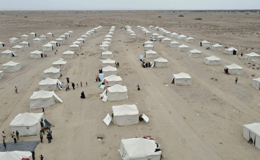 Tents are lined up in the Al-Firdaws camp for displaced Yemenis in Ras Imran, on the western outskirts of Aden, Yemen, Thursday, Sept. 17, 2026.