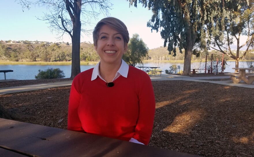 San Diego City Council District 5 candidate Marni von Wilpert speaks at Lake Miramar, Dec. 9, 2019.