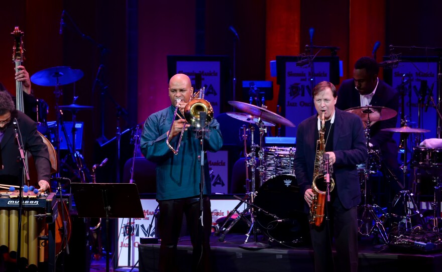 James Genus (bass), Steve Nelson (vibraphone), Robin Eubanks (trombone), Chris Potter (saxophone), and Nate Smith (drums) perform in honor of Dave Holland at the 2017 NEA Jazz Masters Tribute Concert on April 3, 2017 at the John F. Kennedy Center for the Performing Arts.