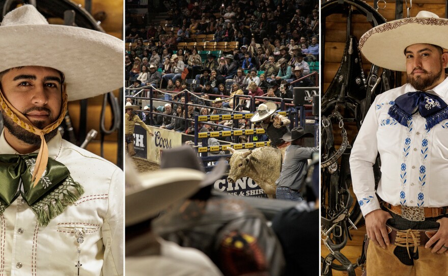 Aaron Corral (left), a member of the Rough Stock Riders, and Alfredo Olivia, the director of the Rough Stock Riders (right), pose for photos backstage at the Mexican Rodeo Extravaganza.