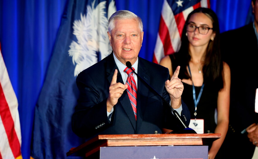 FILE - Republican U.S. Sen. Lindsey Graham speaks after winning the Republican primary on June 9, 2026, in Columbia, S.C.