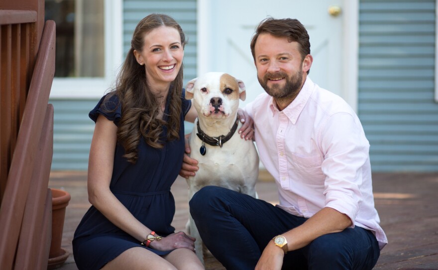 Katherine Harmon Courage, her husband, David, and dog, Raz, at home in Colorado. The three had their microbiomes sequenced by the American Gut Project to see the microbes they shared, and those they didn't.