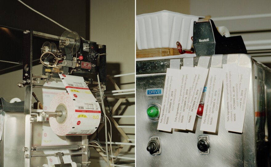 Left: The packaging machine at Ota Tofu. Right: Ingredient labels at Ota Tofu.