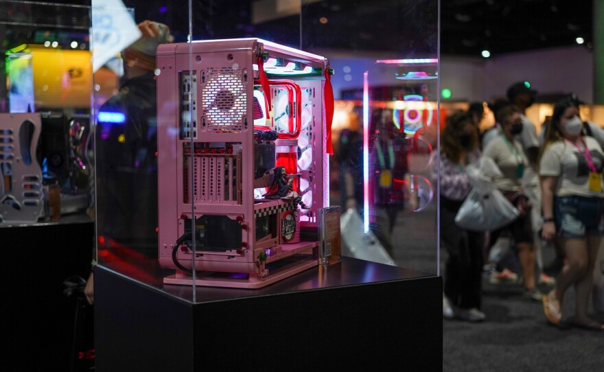 A custom-built Demon Slayer themed PC on display at TwitchCon at the San Diego Convention Center on Oct. 8, 2022.