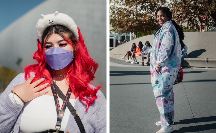 <strong>Left:</strong> Jiselle Camacho came from the Bay Area to attend her first BTS concert. <strong>Right:</strong> Kianna Ballard, of St. Paul, Minn., is wearing a custom designed outfit for the show.