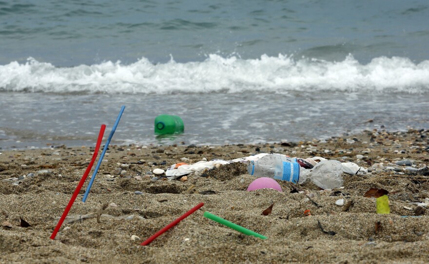 Plastic garbage lying on the beach in Greece. The move would impose a complete ban on some single-use plastics across the European Union and a reduction on others, aiming to implement most measures by the mid-2020s.