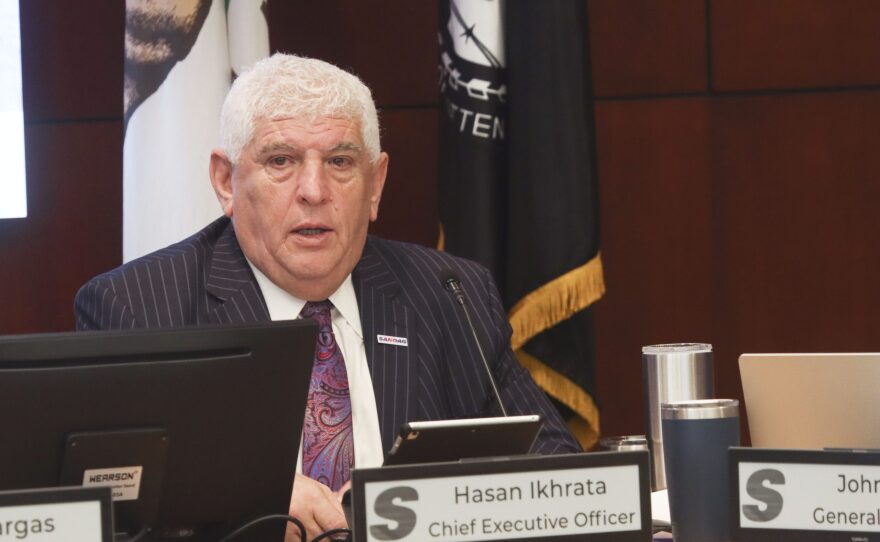 Hasan Ikhrata, CEO of the San Diego Association of Governments, is seated during the agency's board meeting on Jan. 13, 2023, in downtown San Diego