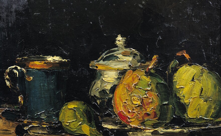 <em>Sugar Bowl, Pears, and Blue Cup (Sucrier, poires et tasse bleue) </em>by Paul Cezanne, circa 1866.