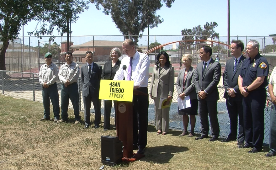 San Diego Mayor Kevin Faulconer announces details of his proposed fiscal 2016 budget at the Skyline Hills Community Park with city employees and elected officials, Monday, April 13, 2015.