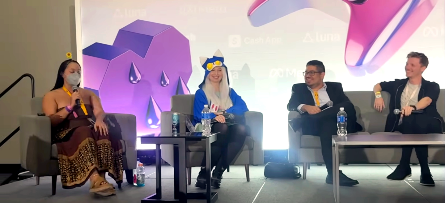 Streamers SweetxSage, AngryOwlCat, Psyculturists and EuroBrady (left to right) speak about mental health during a panel, "The Inner Game: Empowering Streamers to Protect Their Mental Health," at TwitchCon on Oct. 17, 2025.
