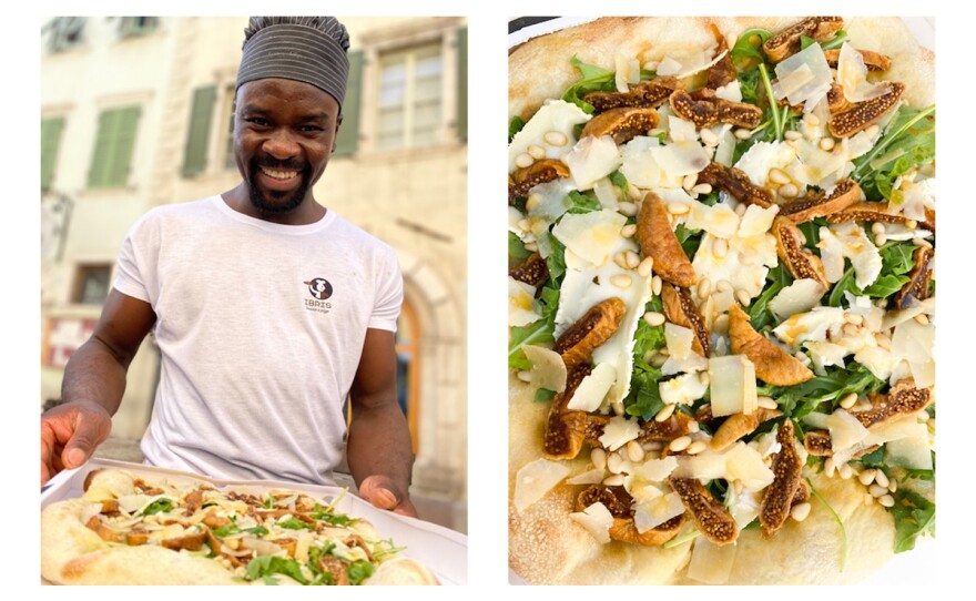 Ibrahim Songne created this pizza in honor of our "Goats and Soda" log. It's made with goat cheese, dried figs, <em>Trentingrana </em>cheese shavings, rocket salad, pine nuts and spicy oil --and paired with a soda!