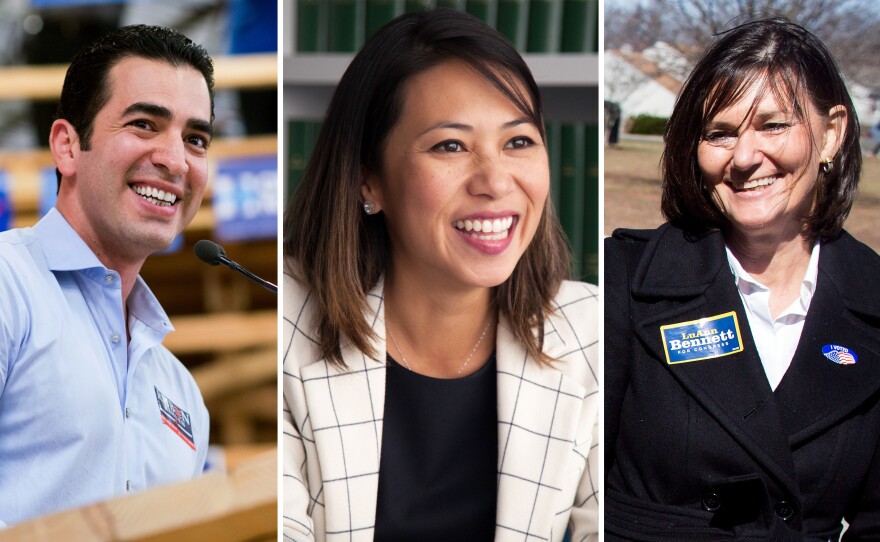 (Left to right) Ruben Kihuen, Democratic candidate for Nevada's 4th Congressional district, Stephanie Murphy, Democratic candidate for Florida's 7th congressional district, and LuAnn Bennett, Democratic House candidate in Virginia's 10th district.