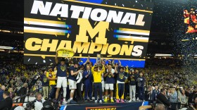 Michigan celebrates after defeating UConn in the NCAA college basketball tournament national championship game at the Final Four, Monday, April 6, 2026, in Indianapolis.