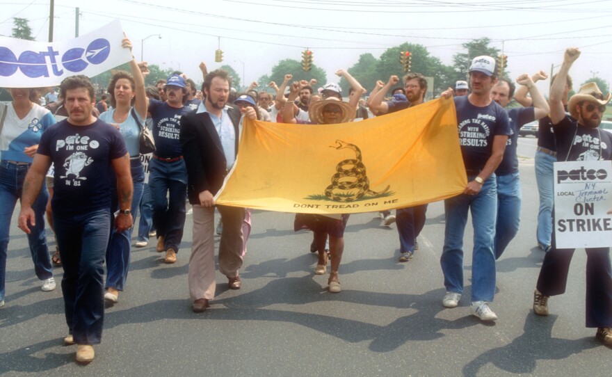 Striking members of the Professional Air Traffic Controllers Organization hold a rally on Aug. 6, 1981, on Long Island, N.Y. Nearly 13,000 air-traffic controllers walked off the job and most were fired by President Ronald Reagan after refusing to return to work.