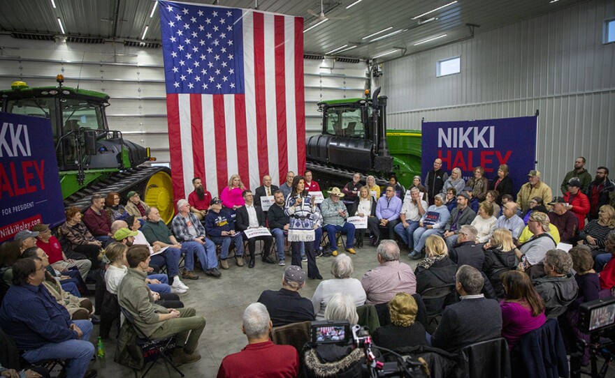 Former U.N. Ambassador and South Carolina Governor Nikki Haley speaks to a crowd at a farm in Nevada, Iowa, on March 9, 2023, during her second trip to Iowa as a Republican presidential candidate.