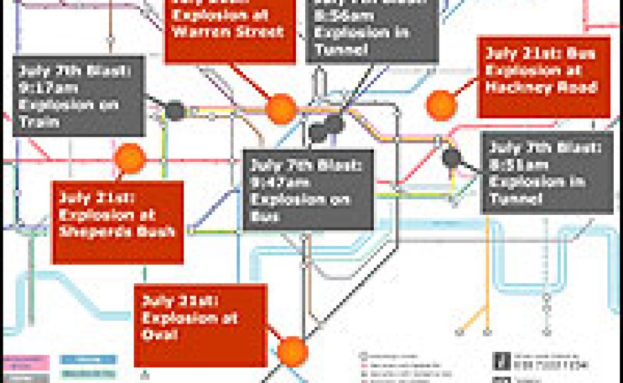 Map of London transit bombings July 7 and July 21.