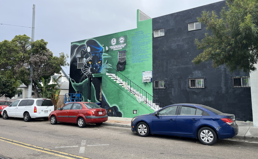 A black panther mural is painted on the outside wall at Clementine McDuff Elks Lodge, July 28, 2026.