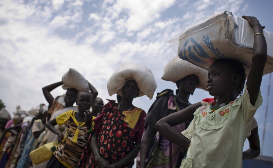 A World Food Program food distribution site in Bentiu, South Sudan. The U.N. says nearly 5 million people in the country do not have enough food, and in one region people are already dying of starvation.