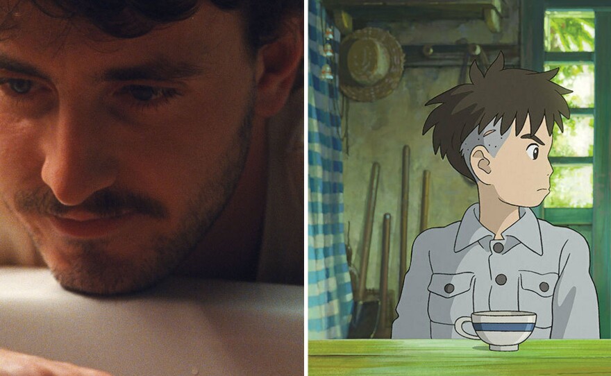 Andrew Scott and Paul Mescal in <em>All of Us Strangers,</em> left, and 12-year-old Mahito in an otherworldly realm in <em>The Boy and the Heron.</em>