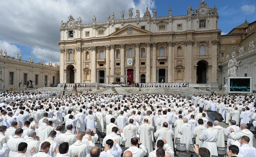Pope Francis celebrates a Jubilee Mass for priests in St. Peter's Square at the Vatican on Friday.
