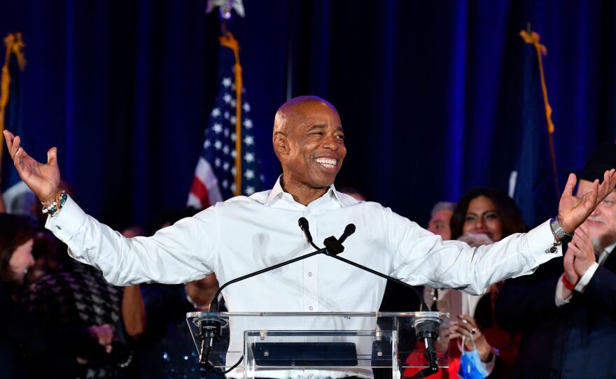 New York City Mayor-elect Eric Adams gestures to supporters during his election victory party at the Brooklyn Marriott on Nov. 2 in New York City. Adams is keen to promote New York as a crypto-friendly financial center.