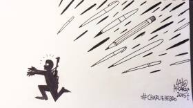 Cartoon by Lalo Alcaraz in response to shooting at Charlie Hebdo office in Paris. 