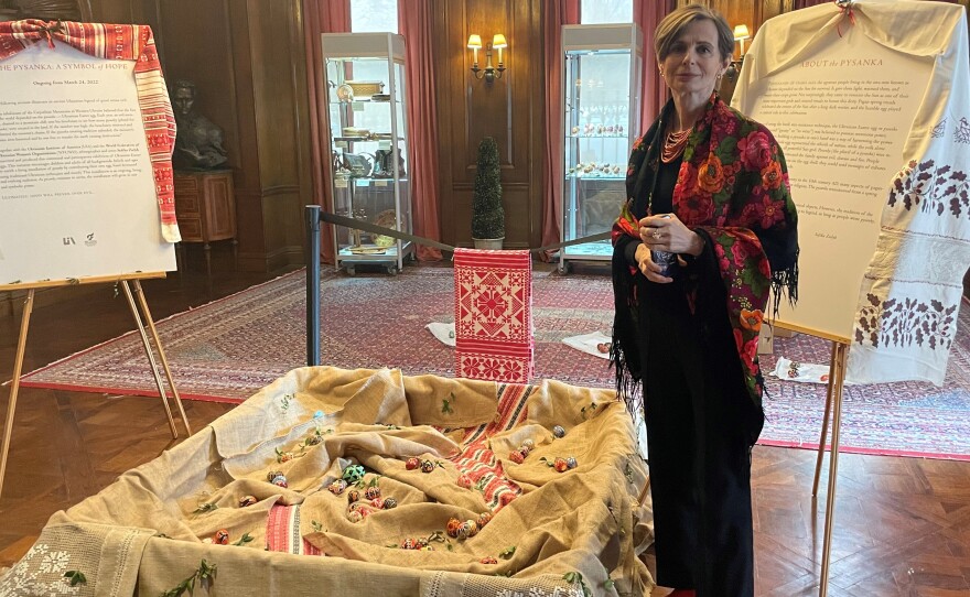 Artist and ethnographer Sofika Zielyk with her nascent installation of <em>pysanky</em> at the Ukrainian Institute of America in New York on Apr. 1.
