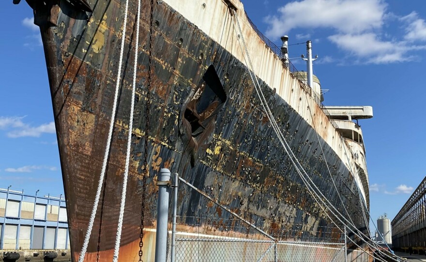 The SS <em>United States</em> has been at Pier 82 in south Philadelphia for more than 25 years The elements have taken a toll on the vessel. The giant ship looms large over south Philly and can be seen from nearby I-95.