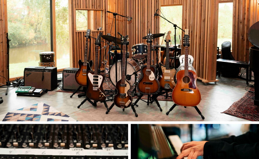 Top: A variety of guitars are set up next to a drum kit and other musical equipment at Long Pond Studio. Left: A section of Dessner's audio console. Right: Dessner plays the piano.