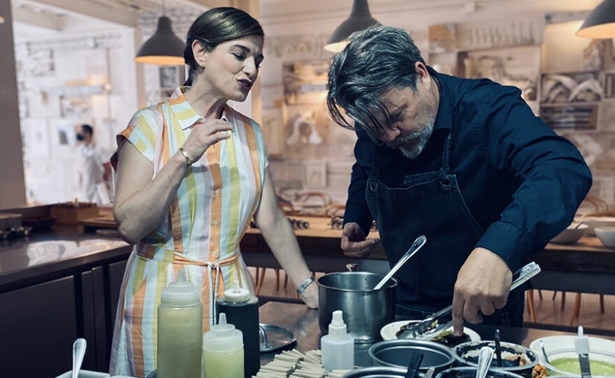 Pati Jinich in the kitchen with chef Poncho Cadena. 