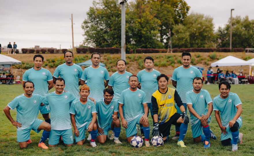 Cincinnati's Nepali-speaking Bhutanese men's soccer team plays in the Kalu Singh Tamang Memorial Championship in Harrisburg, Pa., on Sept. 21, 2025.
