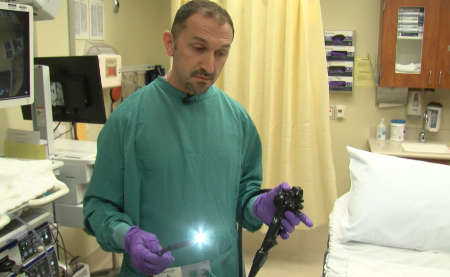 Dr. Michael Lajin demonstrates the endoscopic procedure for administering a fecal transplant at Sharp Grossmont Hospital on February 2, 2018.