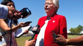 Alabama Gov. Kay Ivey discusses a bill that would virtually outlaw abortion in the state while visiting a car factory at Montgomery, Ala., on Wednesday, May 15, 2019. 