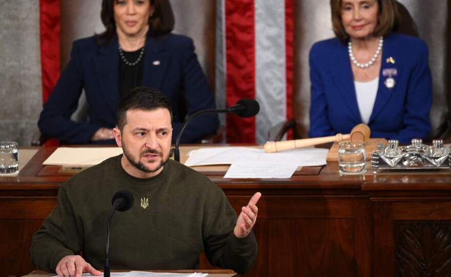 Ukraine's President Volodymyr Zelenskyy addresses Congress at the U.S. Capitol in Washington, D.C. on Dec. 21, 2022. The U.S. has provided Ukraine with more than $76 billion in aid, but that's a smaller fraction of GDP than some allies have contributed to the country.