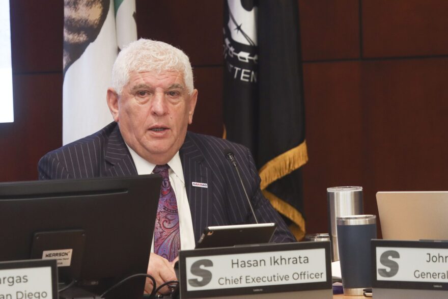 Hasan Ikhrata, CEO of the San Diego Association of Governments, is seated during the agency's board meeting on Jan. 13, 2023, in downtown San Diego.