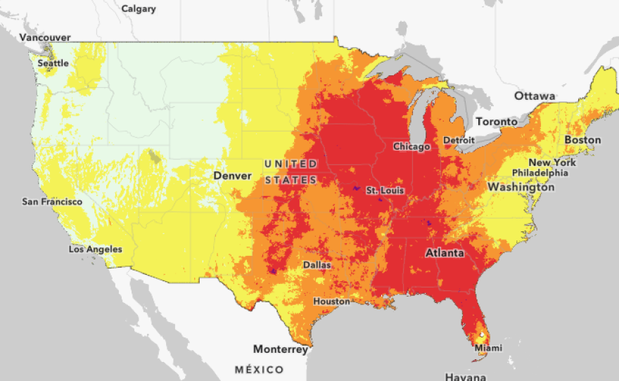 A seven-day "HeatRisk" map from the National Integrated Heat Health Information System shows much of the Eastern U.S. in the grip of a heat dome, causing extreme high temperatures to linger.