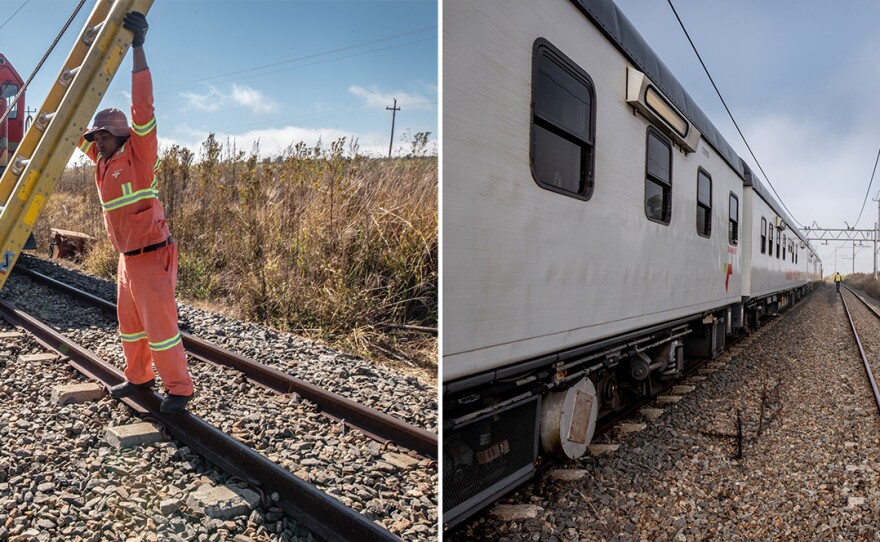 Left: A maintenance team repairs damage to a railway line caused by cable thieves near Kroonstad, South Africa, as the Phelophepa waits to continue its journey through the Free State province. Right: A worker walks down a length of track near the Phelophepa. South Africa's railways have been hit hard by looting in recent years, a problem that has grown dramatically worse during the pandemic.