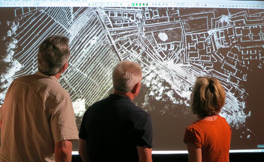 Malcolm Williamson, Steve Burrows and Stella Nair examining scan data of Machu Picchu for Tech HQ day.