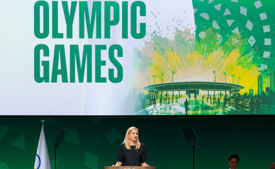 International Olympic Committee President Kirsty Coventry speaks at the SwissTech Convention Center, in Lausanne, Switzerland, on June 24.