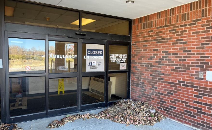 The ambulance entrance at the hospital in Keokuk, Iowa, has been unused since the facility closed in 2022.