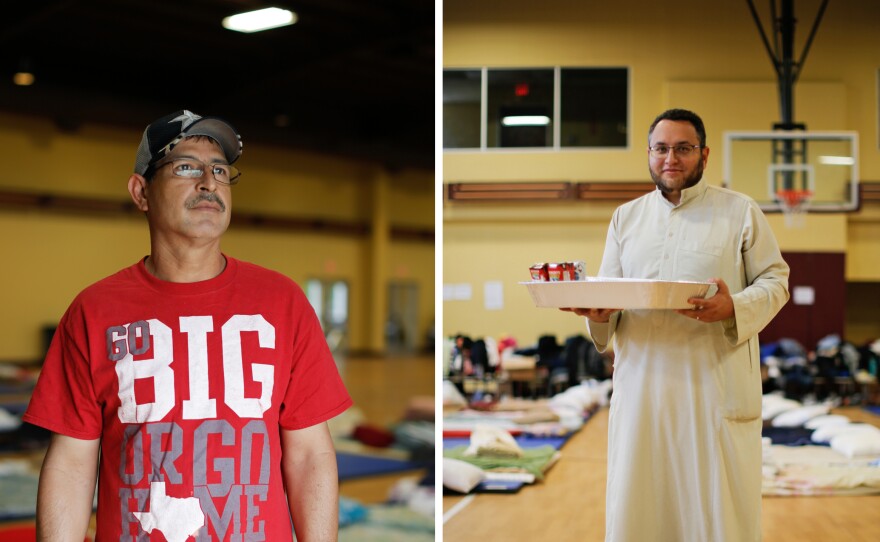 (Left) Jaime Botello is at the mosque with his wife and grandson. "I've never been to a mosque before but what is the difference? The doors are open so I came," Botello says. "We are all together." (Right) Adbelhamid Moursy is a telecom engineer and education director at the mosque. "We will take any family ... any person," Moursy says.