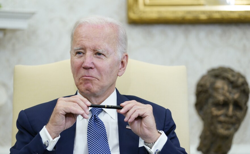 President Biden listens as Mexican President Andrés Manuel López Obrador delivers lengthy remarks in the Oval Office.