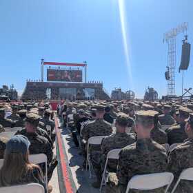 Marines sit at the beginning of the Marine Corps birthday event at Camp Pendleton, Saturday, Oct. 18, 2025.
