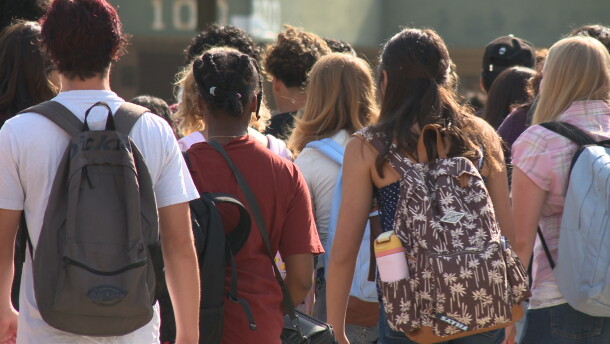 Students walk into Patrick Henry High School on San Diego Unified's first day of school on Monday, Aug. 10, 2026.
