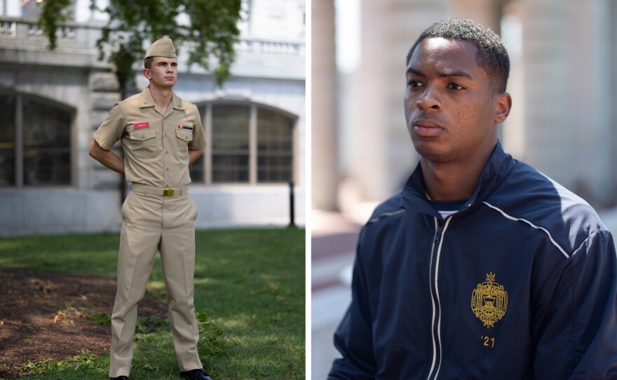 Rising senior Corwin Stites (left) is a plebe summer detailer at the Naval Academy. He returned to campus in early July. Rising senior Cameron Kinley (right) is class president and a member of the Navy football team.