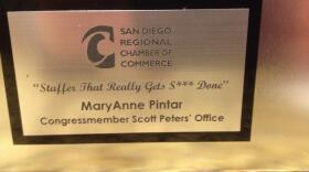 One of the chamber lunch pail awards, given to Congressman Scott Peters staffer MaryAnne Pintar.