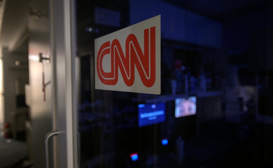 A logo on a booth for CNN is seen in the press area at the White House, Saturday, Sept. 26, 2026, in Washington.