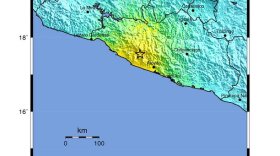 This map shows the epicenter of the earthquake located in the Mexican state of Guerrero, southwest of Mexico City. The area in yellow indicates strong perceived shaking and light potential damage. 