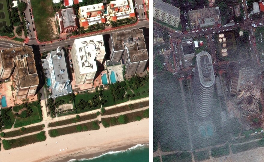 Before and after a 12-story beachfront condo building collapsed in the Surfside area of Miami